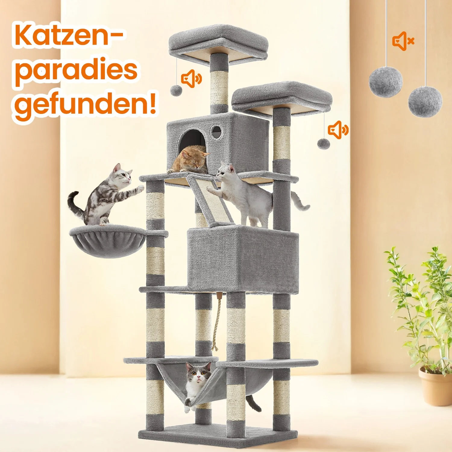 168 cm Kratzbaum mit 13 Kratzsäulen und 2 Plattformen - Image 2