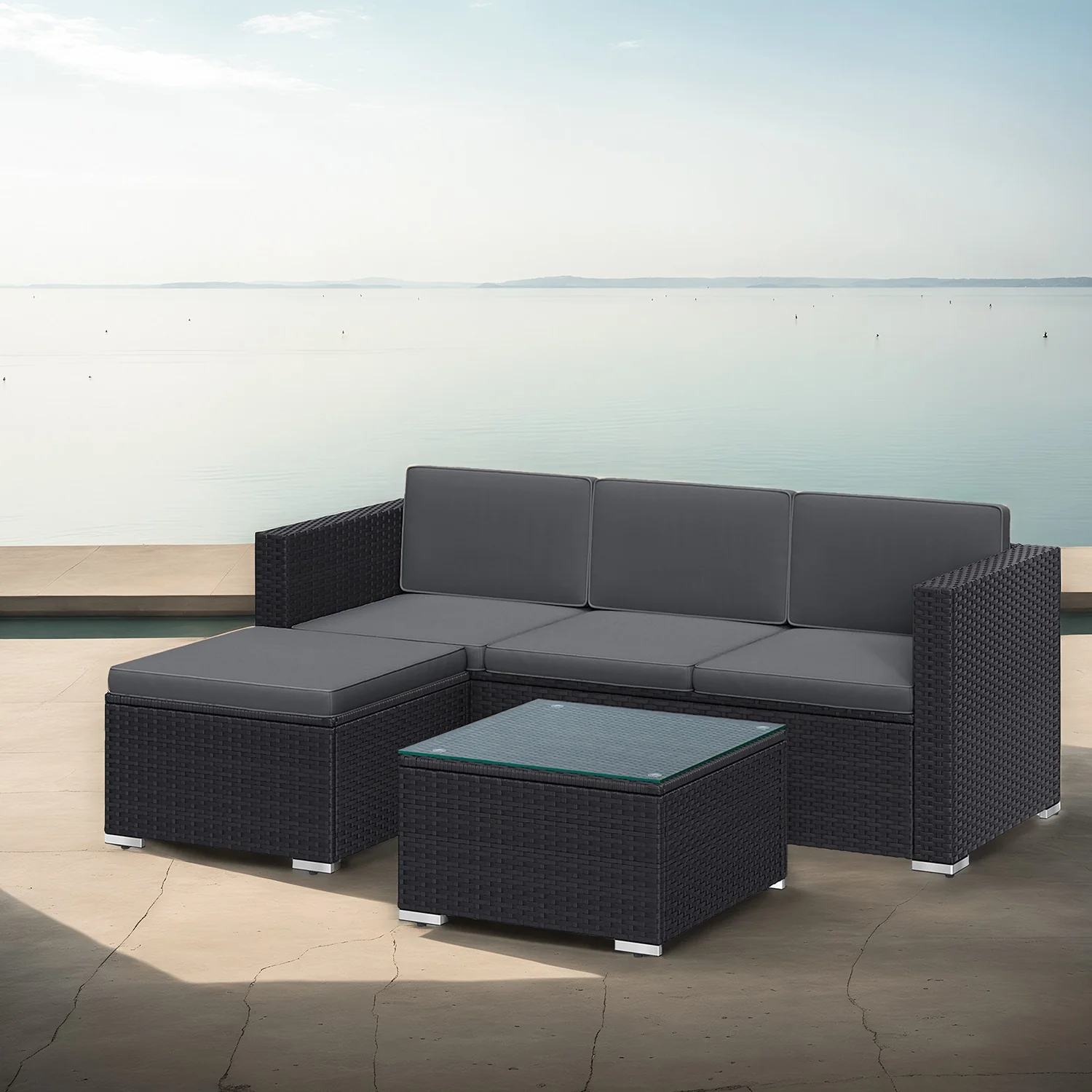 Gartenmöbel-Set mit Kissen und Glastisch schwarz-grau