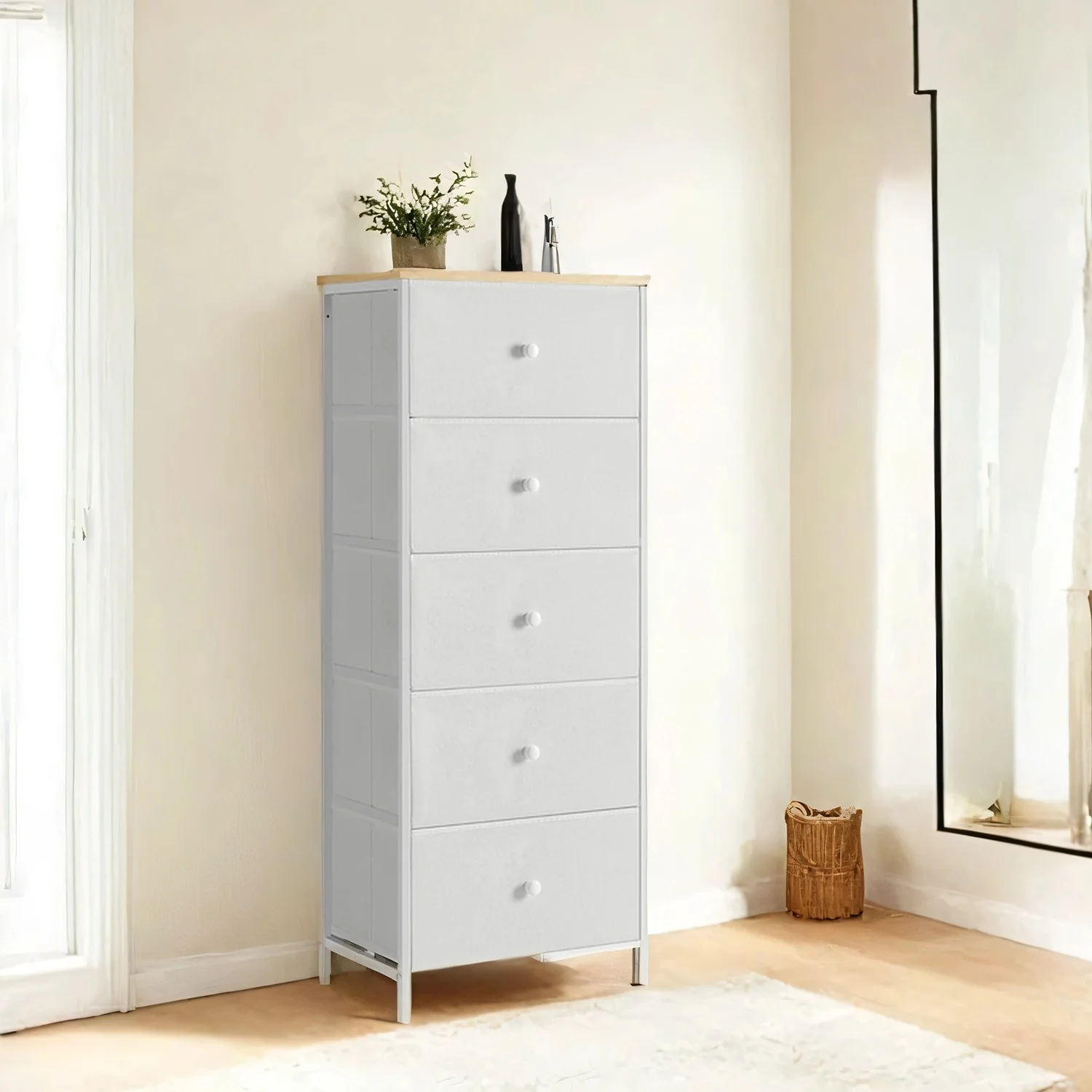 Kommode mit 5 Stoff-Schubladen schmal taubengrau-cremeweiß - Image 2