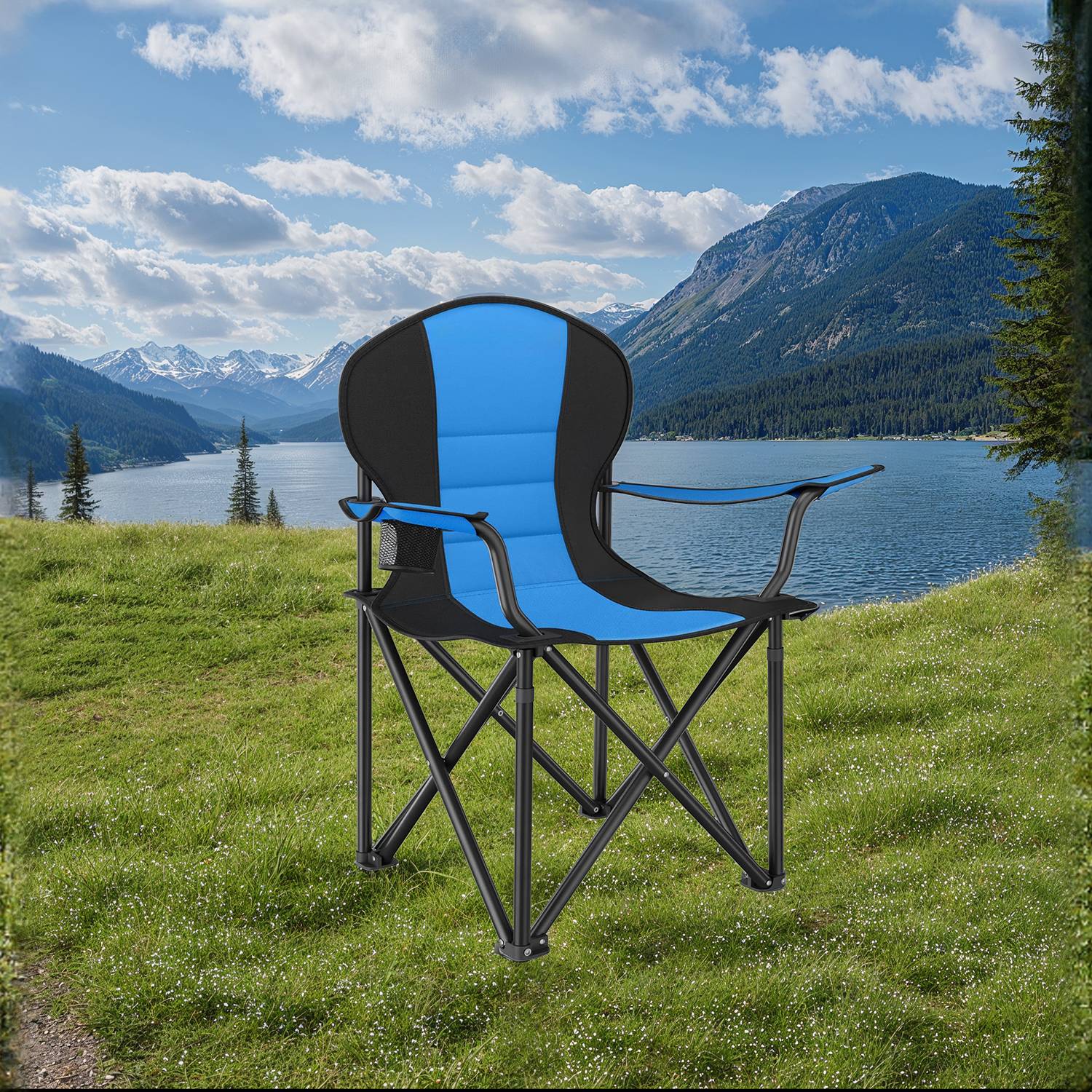 Schaumstoffgepolsterter Campingstuhl mit Flaschenhalter