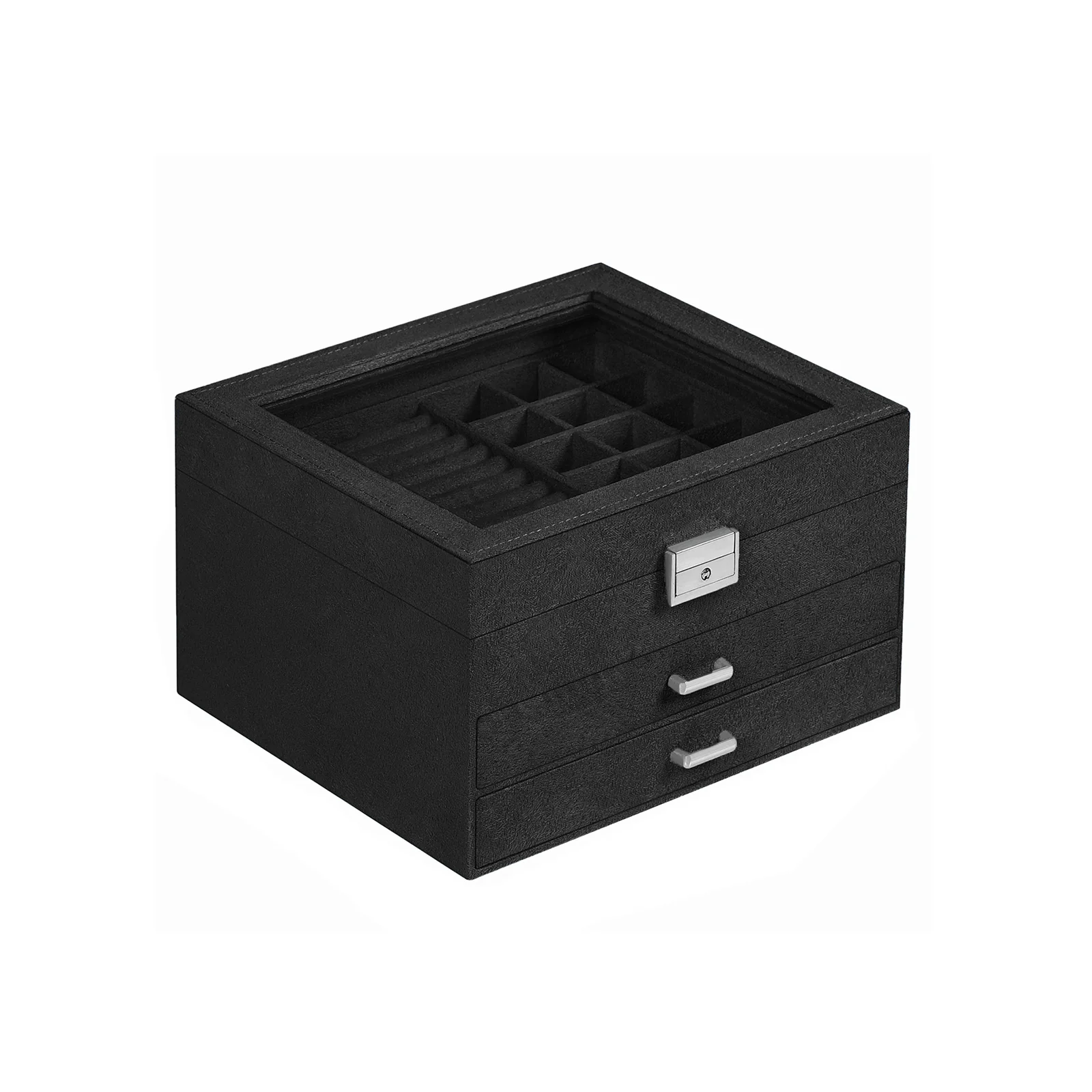 Schmuckbox mit 3 Ebenen und Glasdeckel