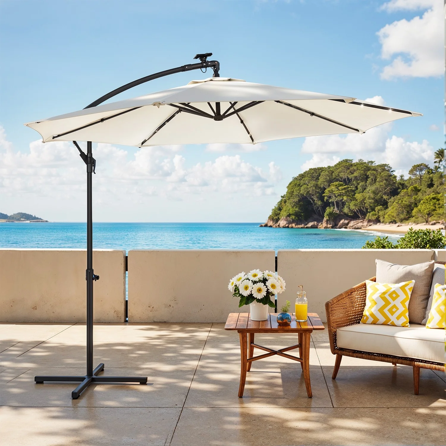Sonnenschirm mit LED-Solar-Beleuchtung und Ständer