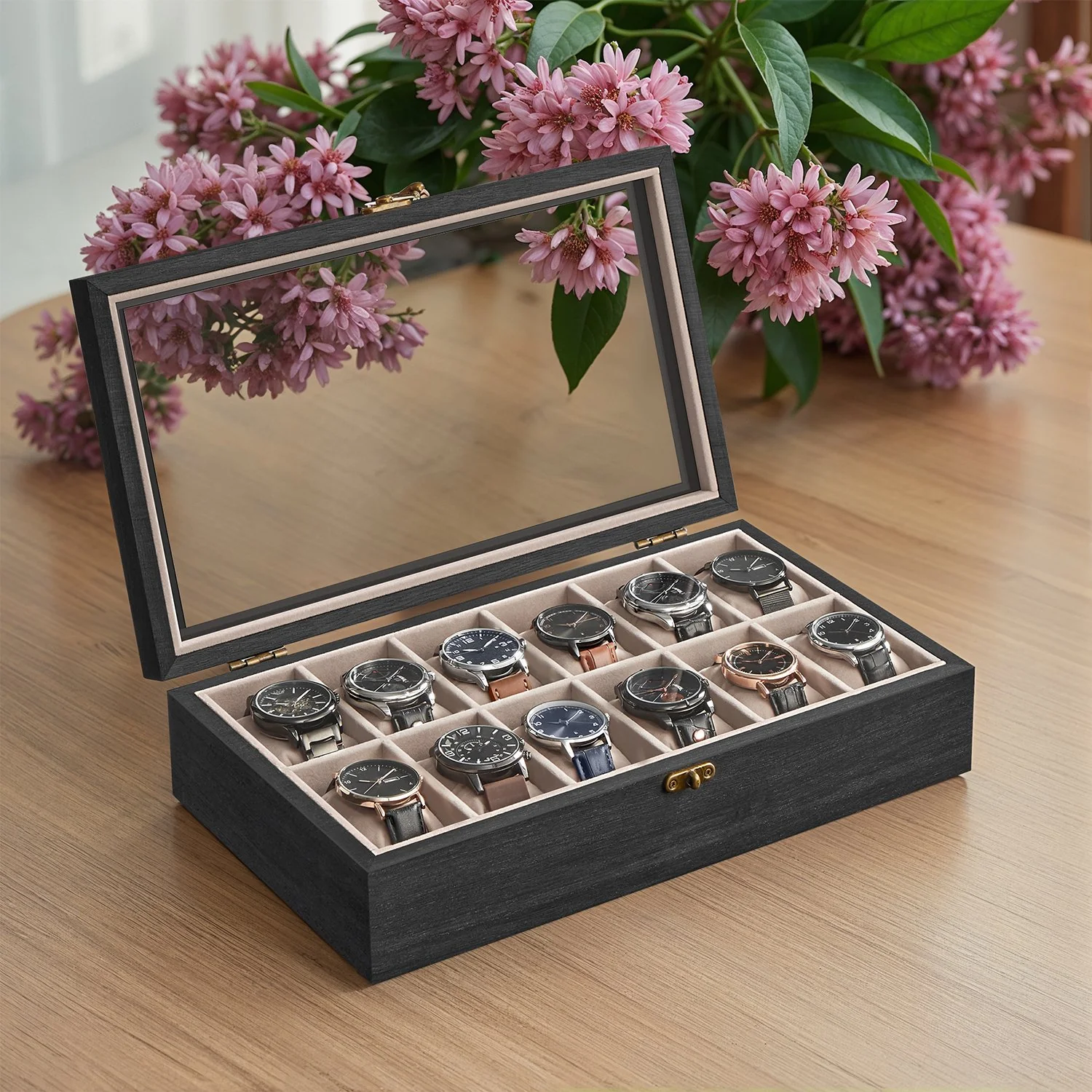 Uhrenbox 6 Fächer aus Massivholz mit Glasdeckel walnussfarben - Image 2