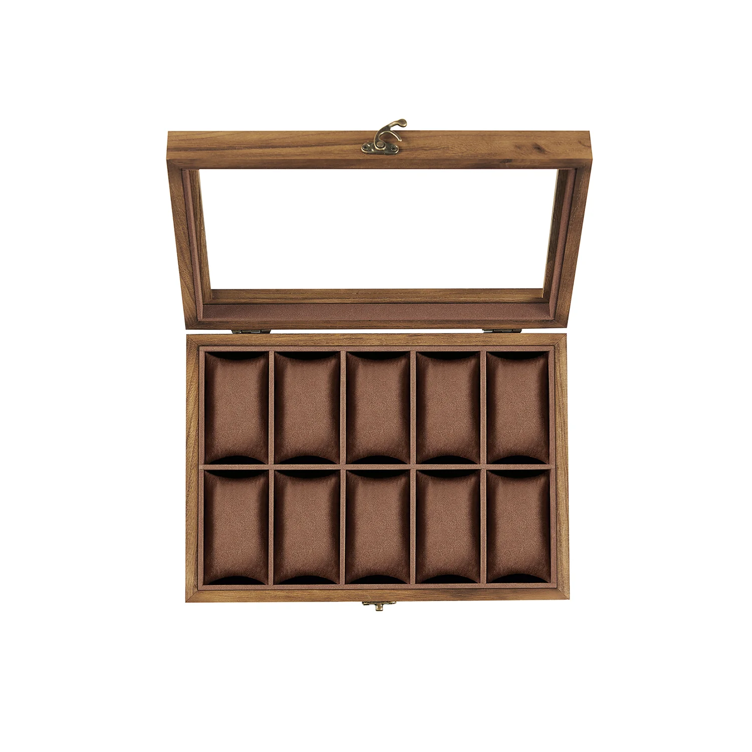 Uhrenbox mit 10 Fächern aus Massivholz walnussfarben
