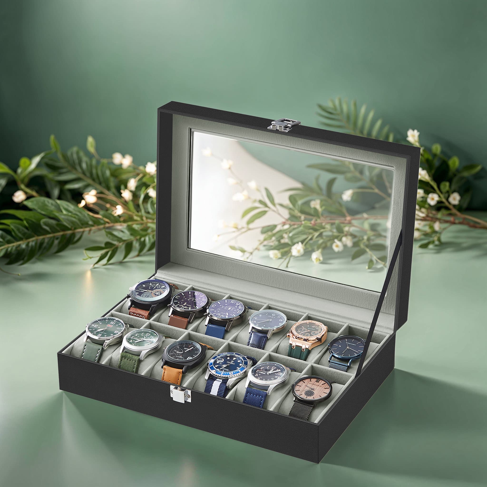 Uhrenbox mit 12 Fächern, Uhrenkasten, Glasdeckel - Image 2