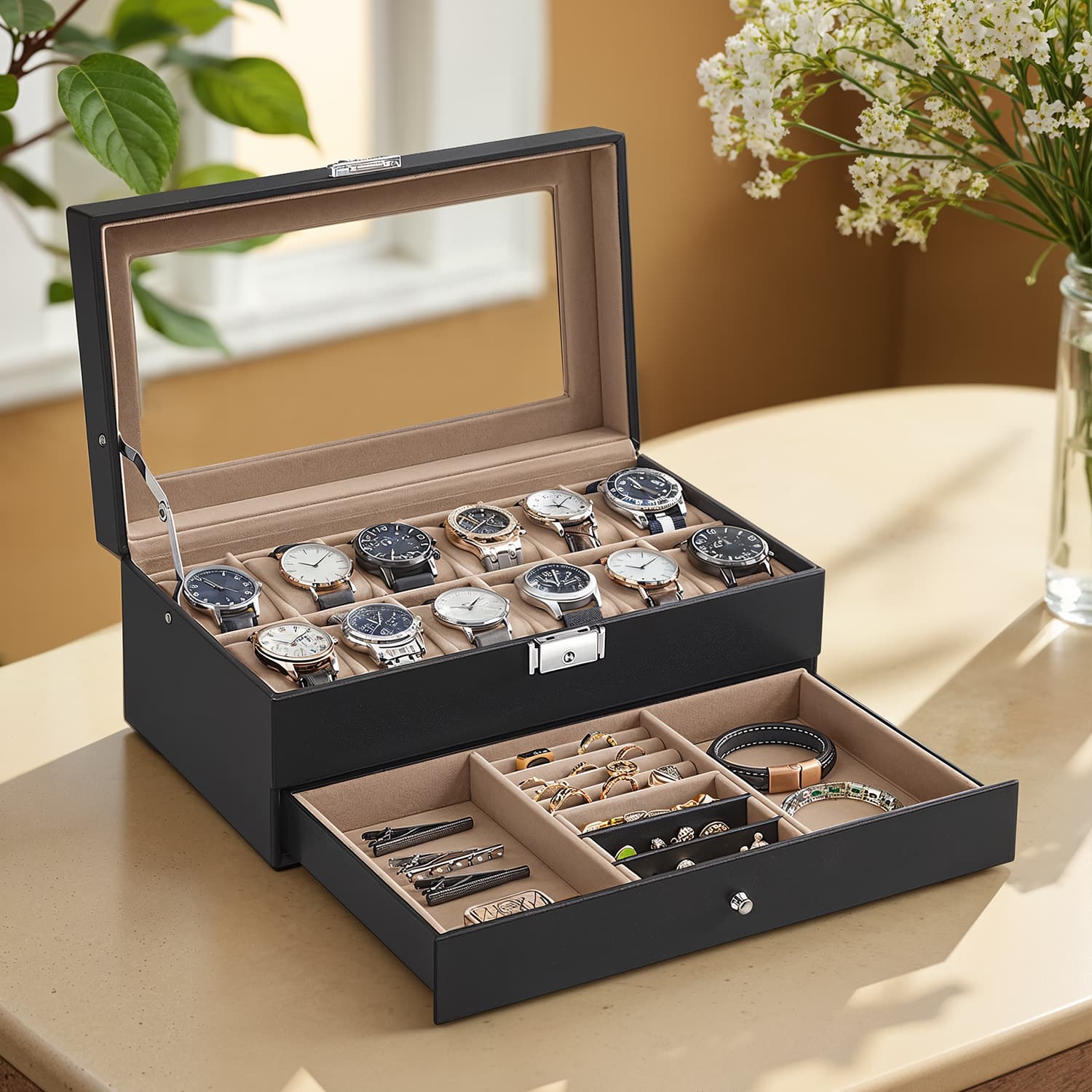 Uhrenbox, Uhrenkasten mit Glasdeckel, 2 Ebenen - Image 2