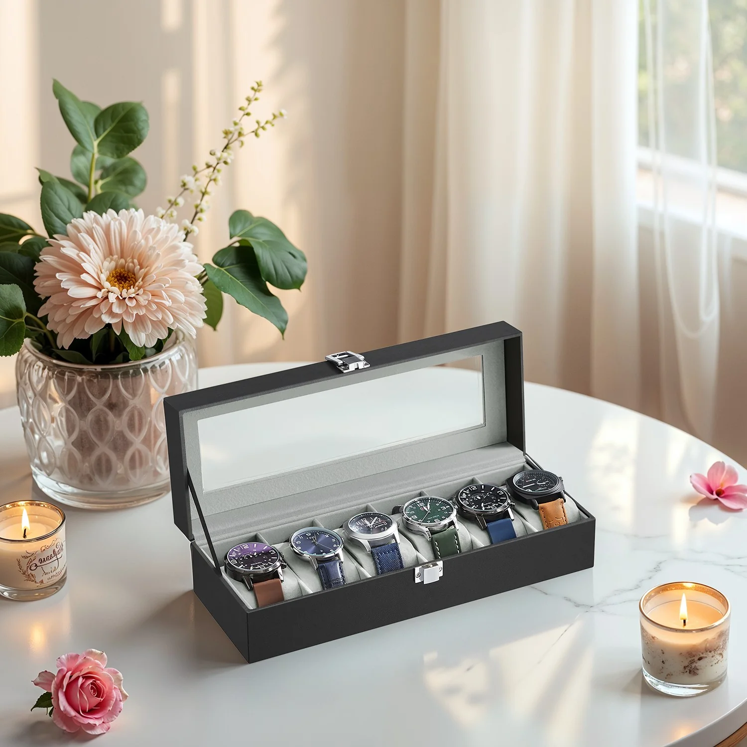 Uhrenbox mit Glasdeckel und Schloss