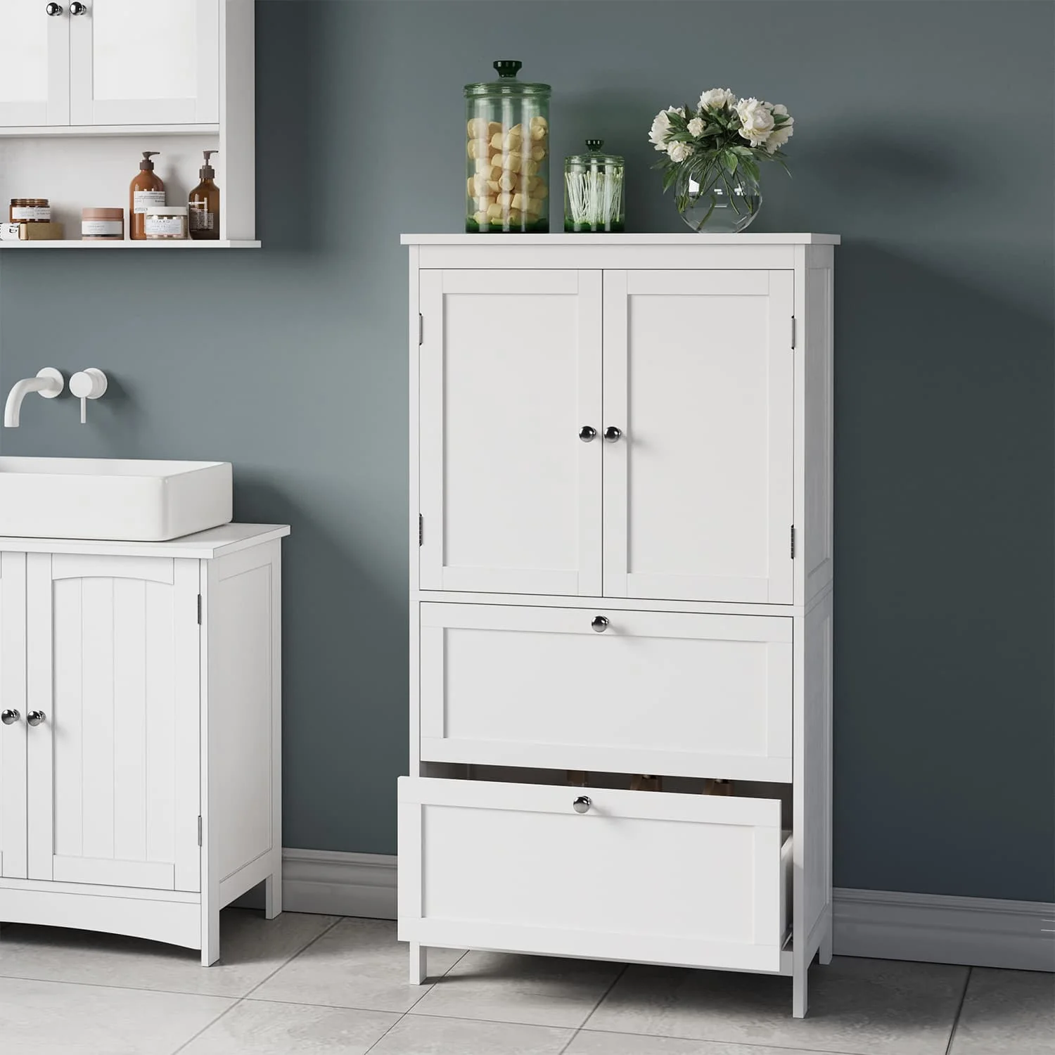 Badezimmerschrank 30 x 60 x 110 cm mit 2 Türen und 2 Schubladen