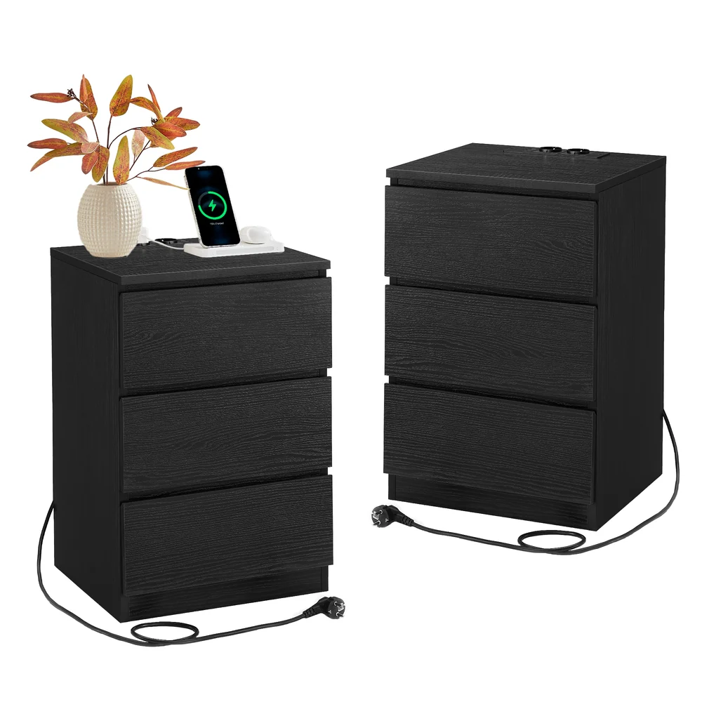 Nachttisch mit Steckdosenleiste, Beistelltisch mit 3 Schubladen, 2 AC-Steckdosen - Image 3