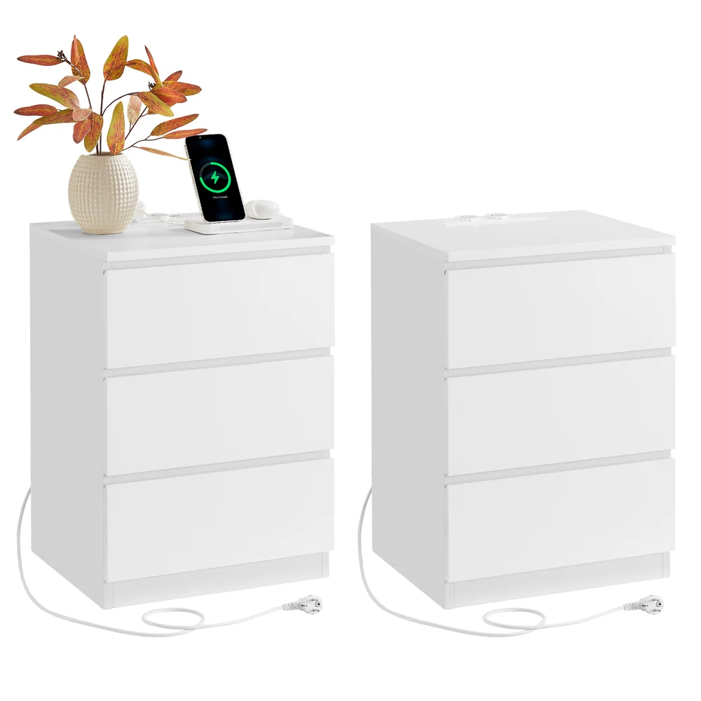 Nachttisch mit Steckdosenleiste, Beistelltisch mit 3 Schubladen, 2 AC-Steckdosen - Image 5