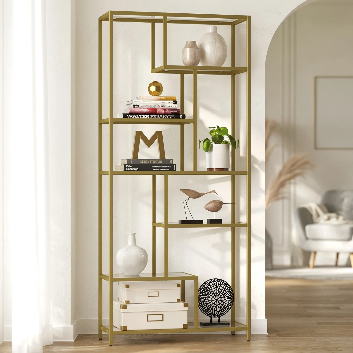 Bücherregal mit 6 Ablagen gold-transparent