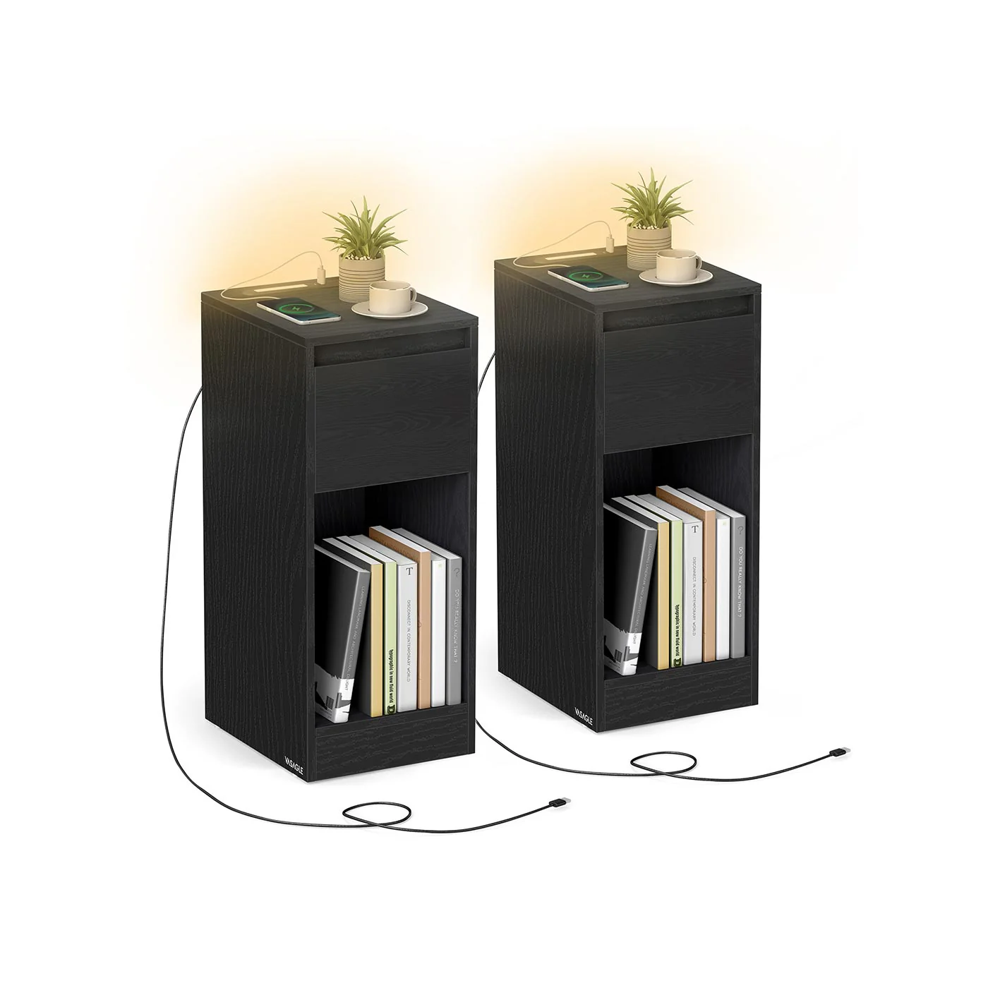 Nachttisch mit LED Beleuchtung USB Anschlüssen und Schublade - Image 3