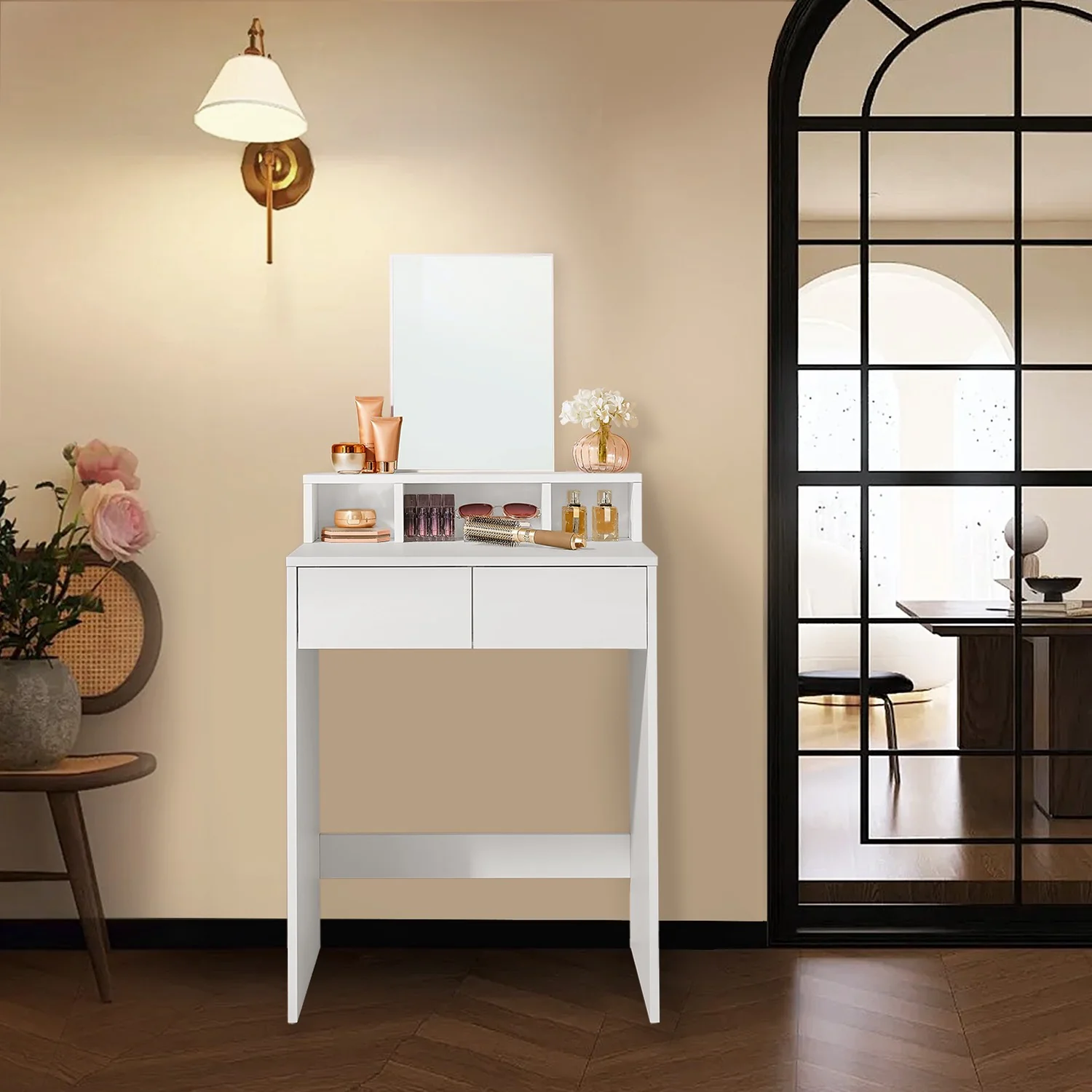 Schminktisch mit Spiegel und 2 Schubladen pastellrosa