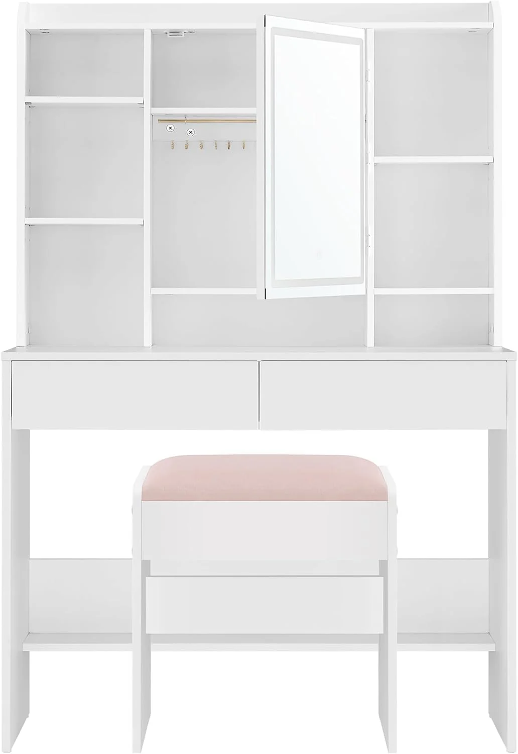 VASAGLE Schminktisch mit Beleuchtung, einstellbare Helligkeit, Hocker, Frisiertisch mit Spiegel, Kosmetiktisch mit verstellbaren Ablagen, 2 Schubladen, modern, wolkenweiß und pastellrosa