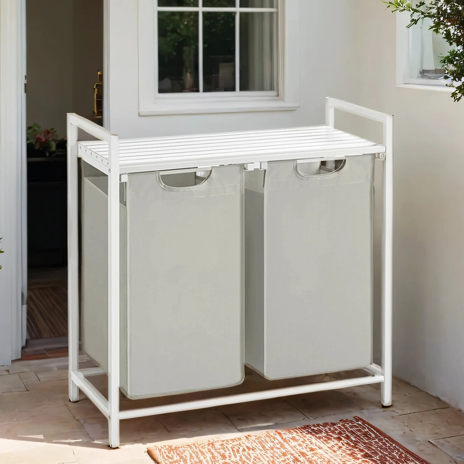 Wäschekorb 2 Fächer, Wäschesammler mit Ablage, Wäschebox - Image 3