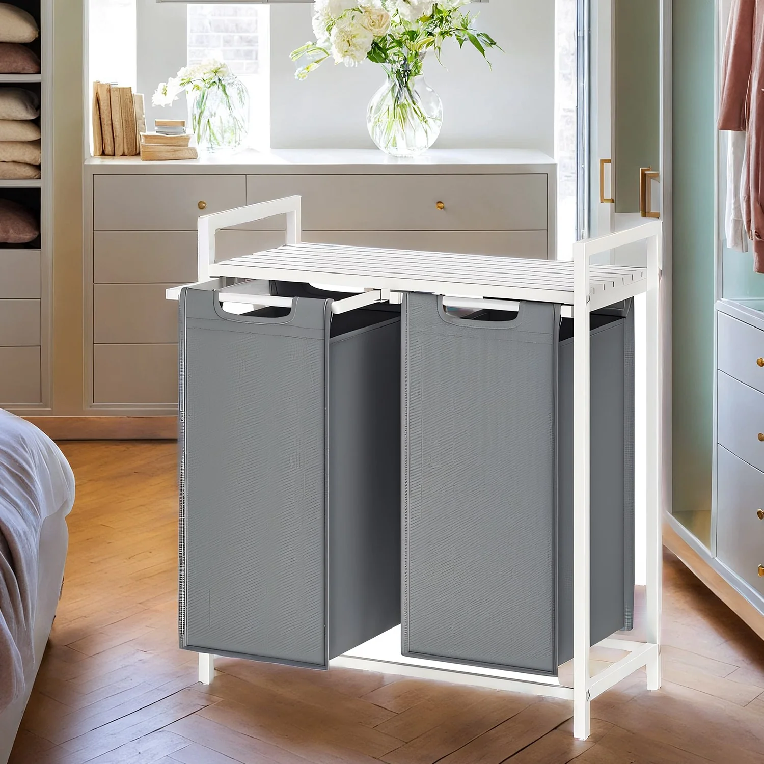 Wäschekorb 2 Fächer, Wäschesammler mit Ablage, Wäschebox - Image 4